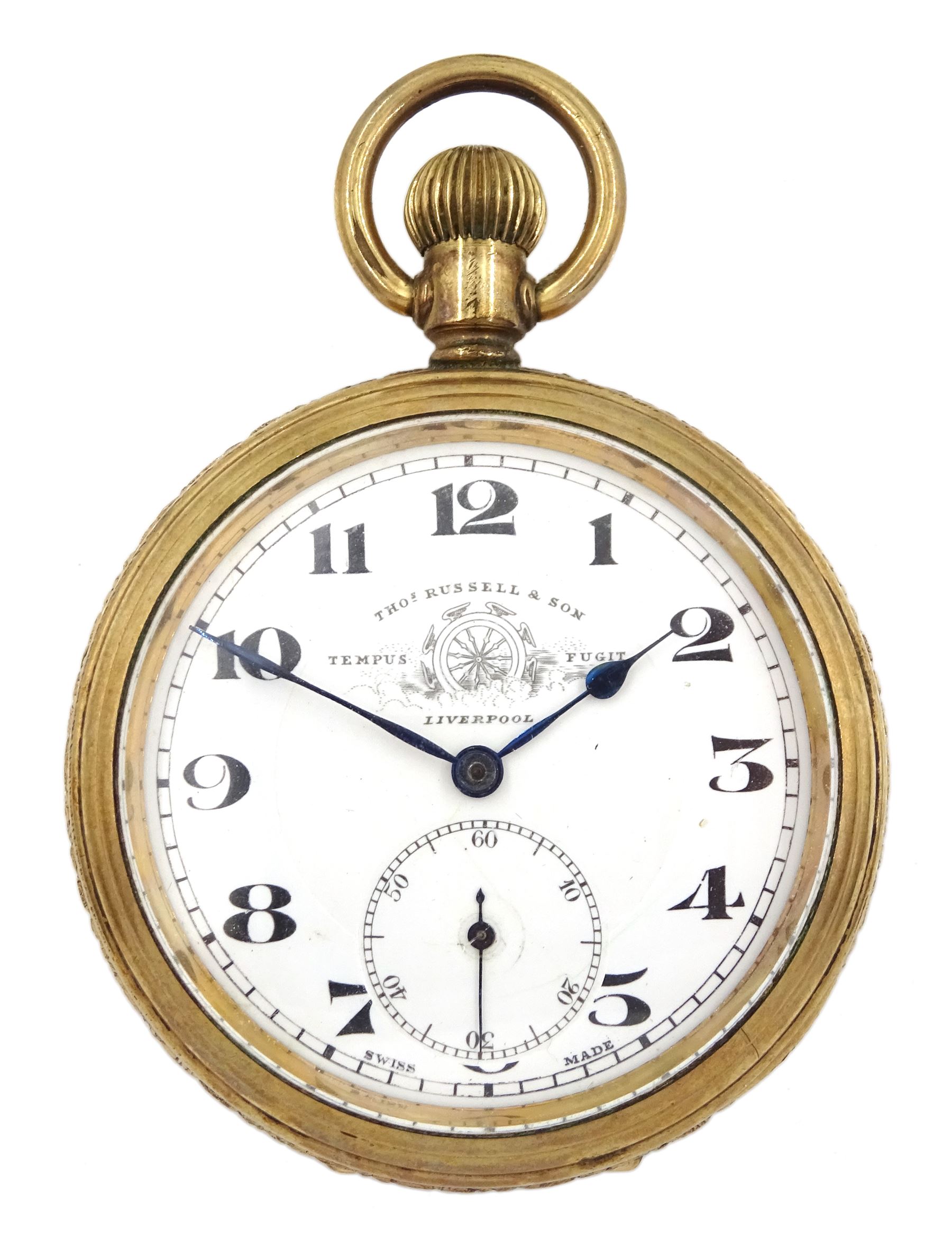 Early 20th century gold-plated open face keyless lever pocket watch by Thomas Russell & Son Liverpoo