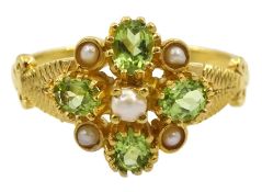 Silver-gilt peridot and pearl flower head cluster ring