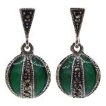 Pair of silver green plique-a-jour and marcasite pendant stud earrings