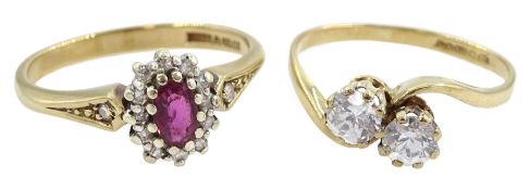 Gold diamond and pink stone cluster ring and a gold two stone cubic zirconia crossover ring