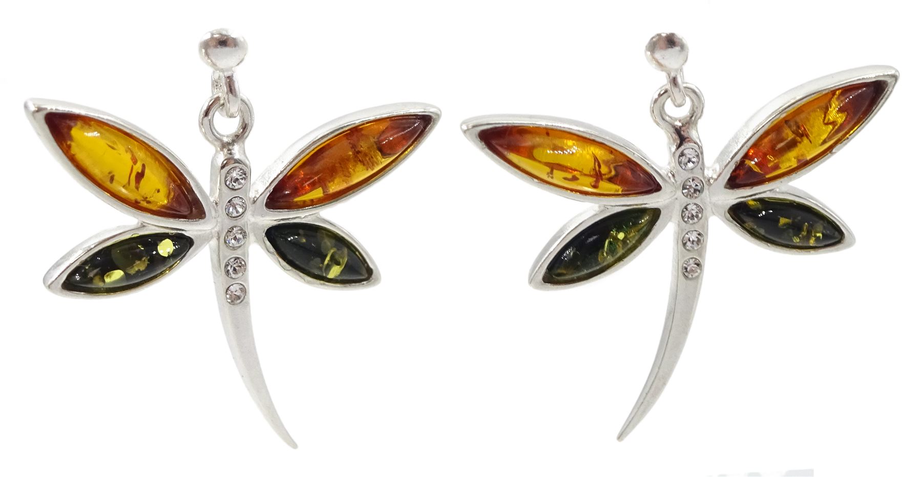 Pair of silver two tone Baltic amber and cubic zirconia dragonfly pendant earrings