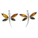 Pair of silver two tone Baltic amber and cubic zirconia dragonfly pendant earrings