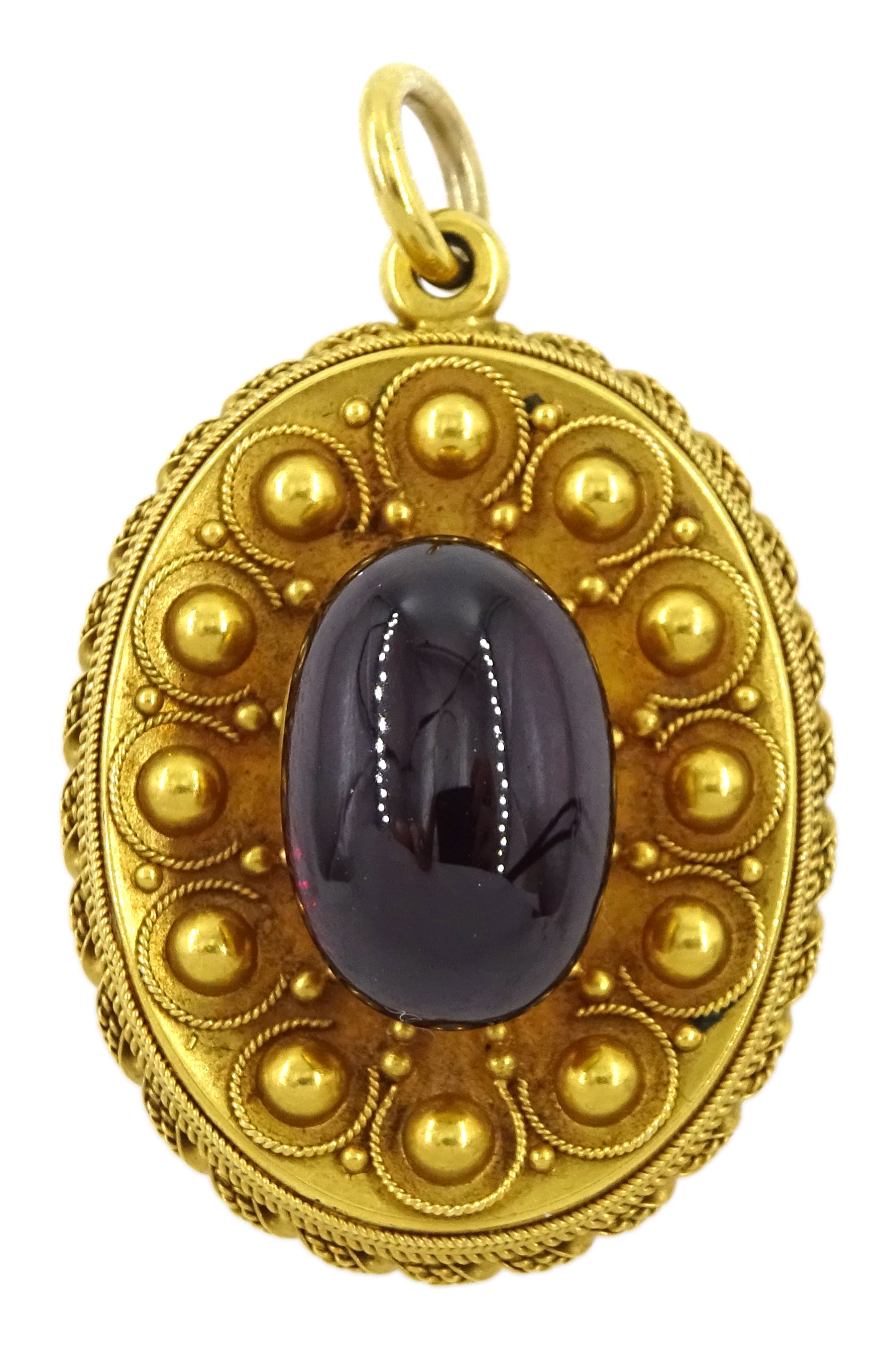 Victorian Etruscan revival gold cabochon garnet pendant