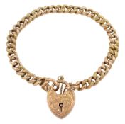 Edwardian 9ct rose gold curb link bracelet with heart padlock clasp