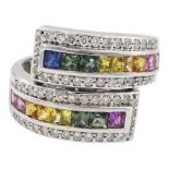 9ct white gold channel set princess cut rainbow sapphire crossover ring
