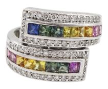 9ct white gold channel set princess cut rainbow sapphire crossover ring