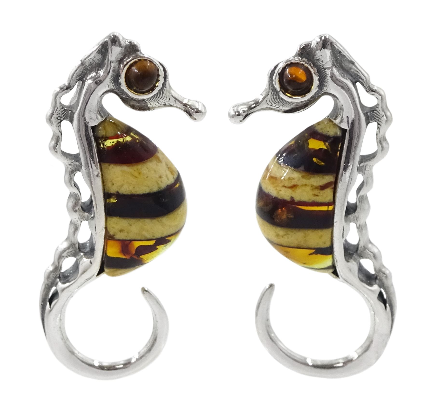 Pair of silver Baltic amber seahorse stud earrings