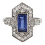18ct white gold Art Deco style milgrain set baguette cut sapphire and diamond cluster ring