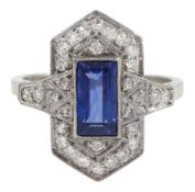 18ct white gold Art Deco style milgrain set baguette cut sapphire and diamond cluster ring