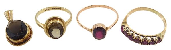 Gold smoky quartz ring and pendant and two gold garnet rings