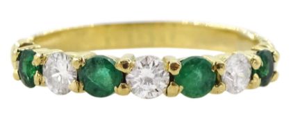 18ct gold seven stone round emerald and round brilliant cut diamond ring