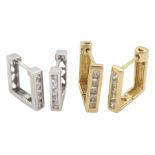 Pair of yellow gold channel set princess cut diamond square hoop earrings and a pair of white gold c