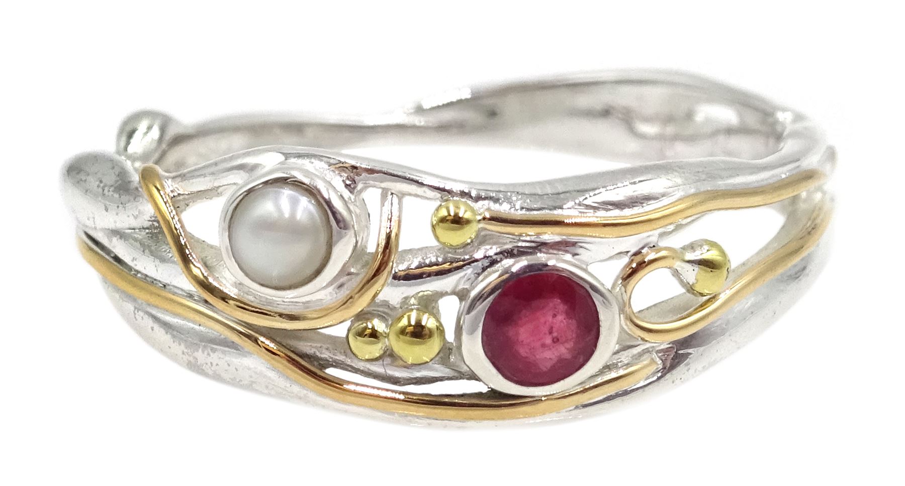 Silver and 14ct gold wire ruby and pearl ring