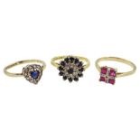 18ct gold sapphire and diamond cluster ring and two 9ct gold stone set cluster rings
