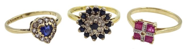 18ct gold sapphire and diamond cluster ring and two 9ct gold stone set cluster rings