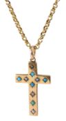 Edwardian rose gold turquoise and seed pearl cross pendant necklace by Gourdel Vales & Co