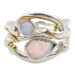 Silver and 14ct gold wire opal and pearl ring