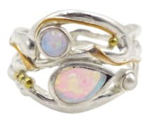 Silver and 14ct gold wire opal and pearl ring