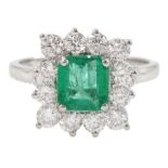 18ct gold emerald and round brilliant cut diamond cluster ring