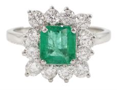 18ct gold emerald and round brilliant cut diamond cluster ring