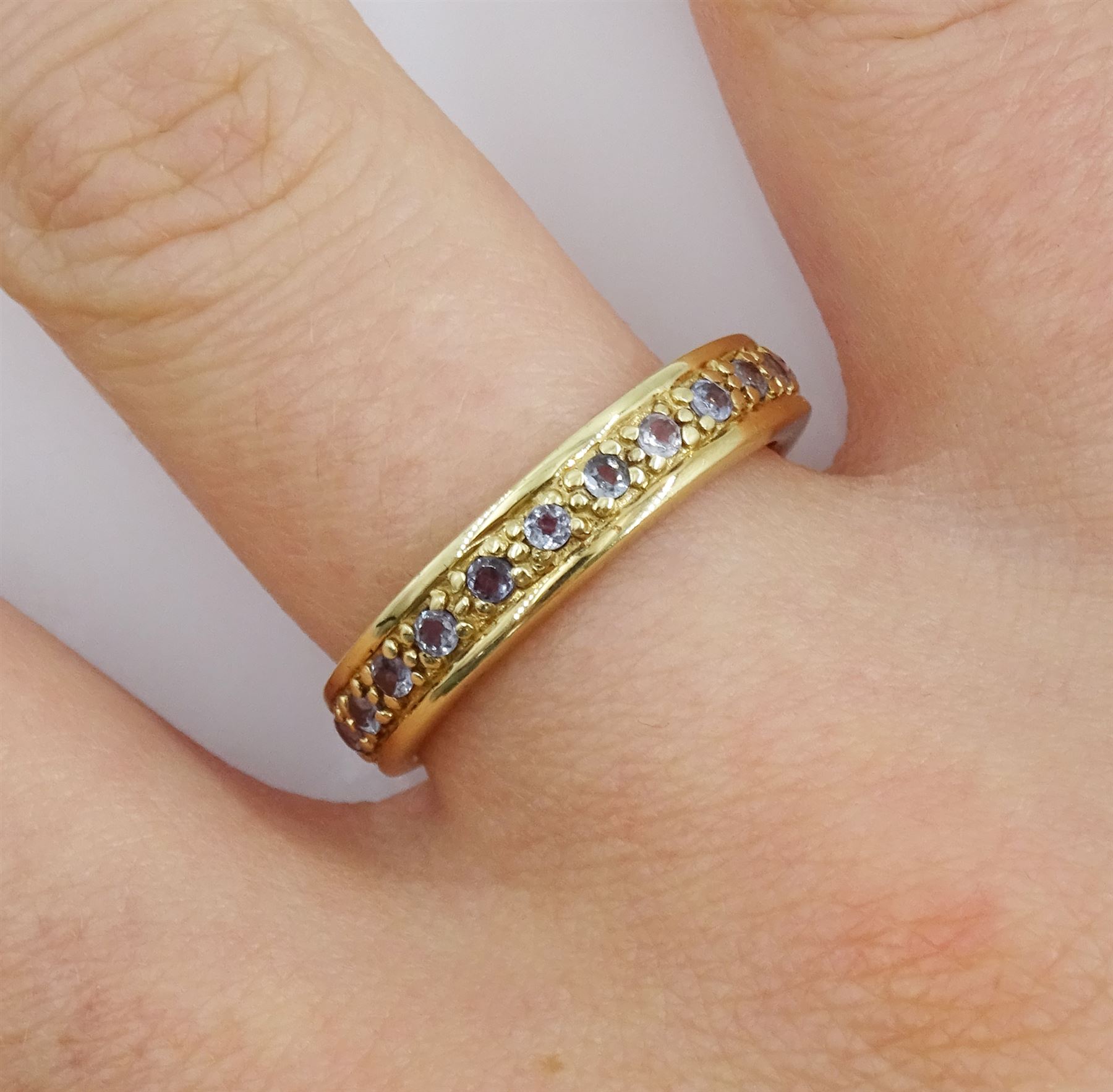 9ct gold channel set round aquamarine half eternity ring - Image 2 of 4