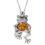 Silver Baltic amber frog prince pendant necklace