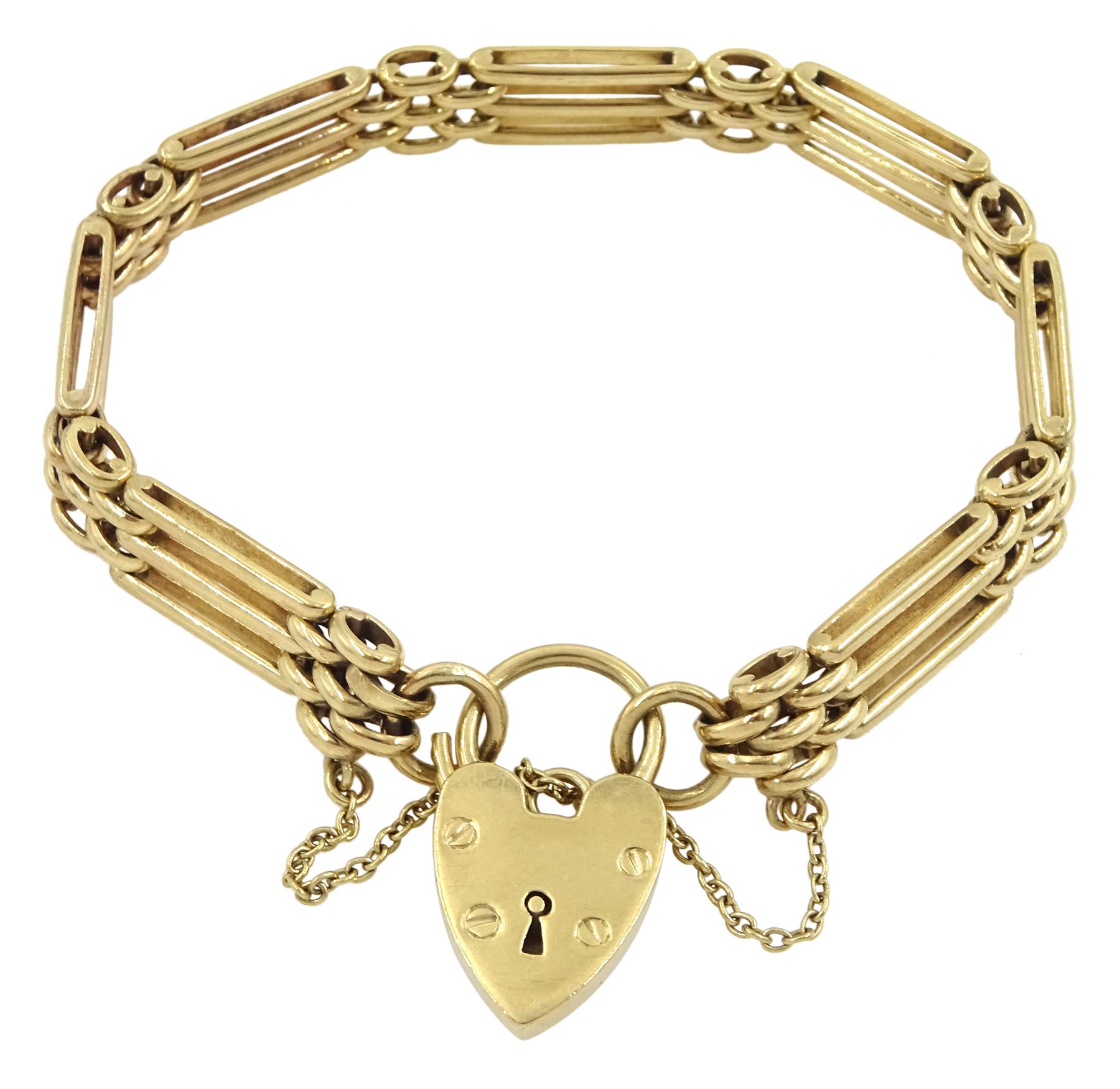 9ct gold three bar gate link bracelet with heart padlock clasp by Cropp & Farr Ltd