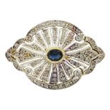 18ct yellow and white gold oval sapphire and milgrain set diamond openwork brooch