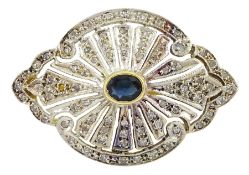 18ct yellow and white gold oval sapphire and milgrain set diamond openwork brooch