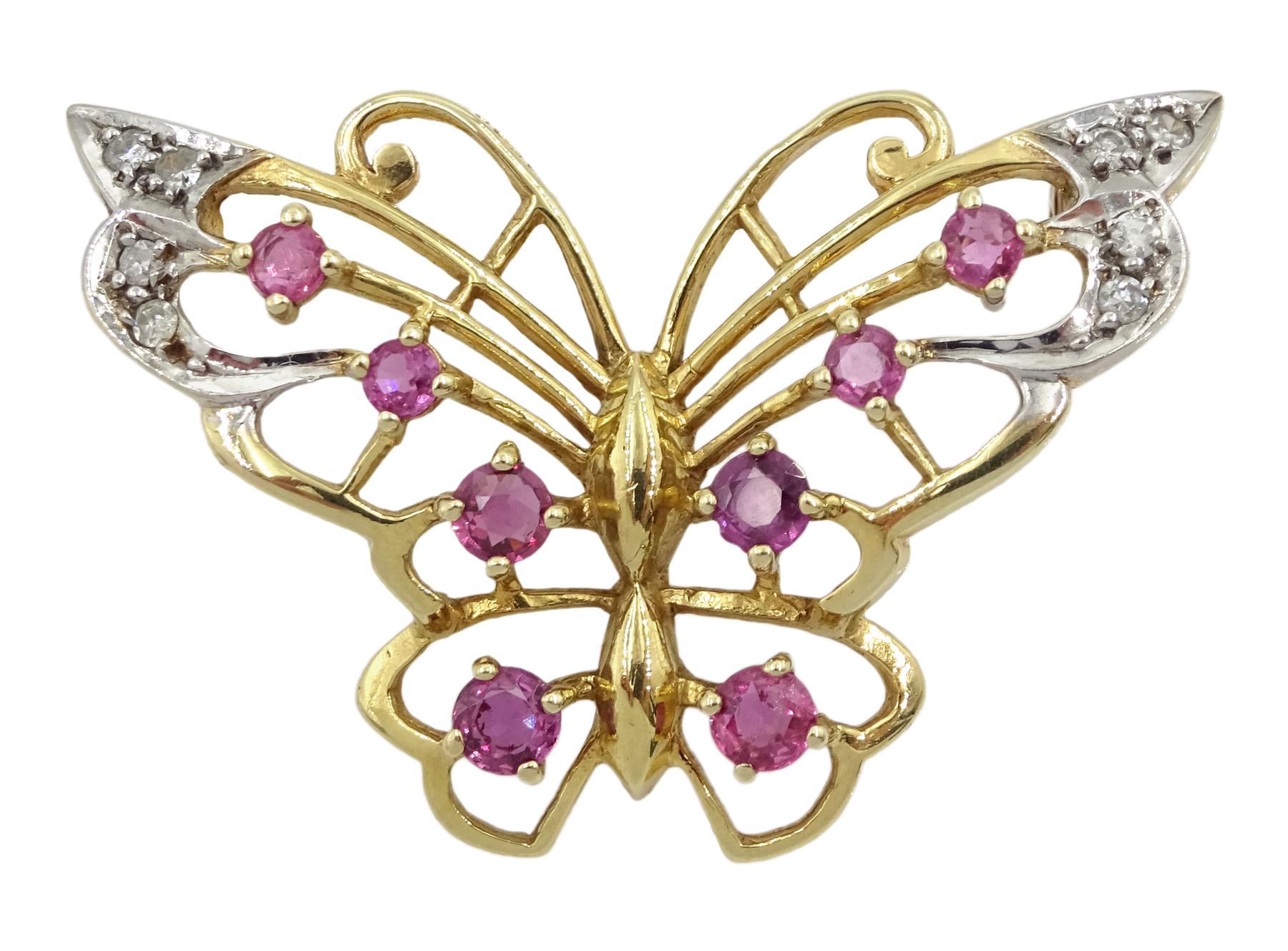 9ct gold ruby and diamond openwork butterfly brooch