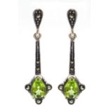 Pair of silver peridot and marcasite pendant stud earrings
