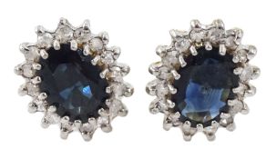 Pair of 9ct gold oval sapphire and diamond cluster stud earrings