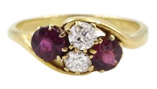 14ct gold two stone old cut diamond and two stone ruby cluster ring