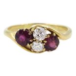 14ct gold two stone old cut diamond and two stone ruby cluster ring