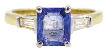18ct gold three stone Ceylon sapphire and tapered baguette cut diamond ring