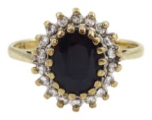 9ct gold oval sapphire and diamond chip cluster ring