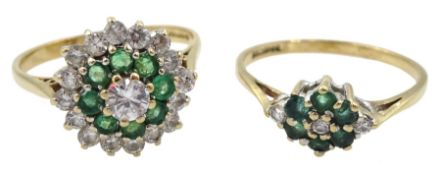 Two 9ct gold clear and green paste stone set cluster rings