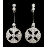 Pair of Art Deco style silver cubic zirconia circular openwork pendant earrings