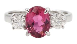 18ct white gold three stone oval pink tourmaline and round brilliant cut diamond ring