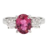 18ct white gold three stone oval pink tourmaline and round brilliant cut diamond ring