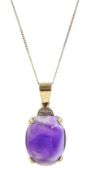 9ct gold oval cabochon amethyst and diamond chip pendant necklace