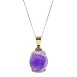 9ct gold oval cabochon amethyst and diamond chip pendant necklace