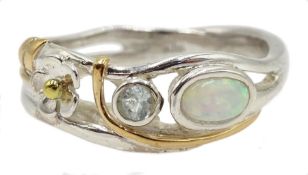 Silver and 14ct gold wire opal and aquamarine ring with flower detail to band