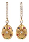 Pair of Fabergé Treillage brushed 18ct rose gold multi coloured gemstone egg pendant stud earrings