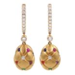 Pair of Fabergé Treillage brushed 18ct rose gold multi coloured gemstone egg pendant stud earrings