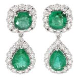 Pair of 18ct white gold pear and round cut emerald and round brilliant cut diamond pendant stud earr