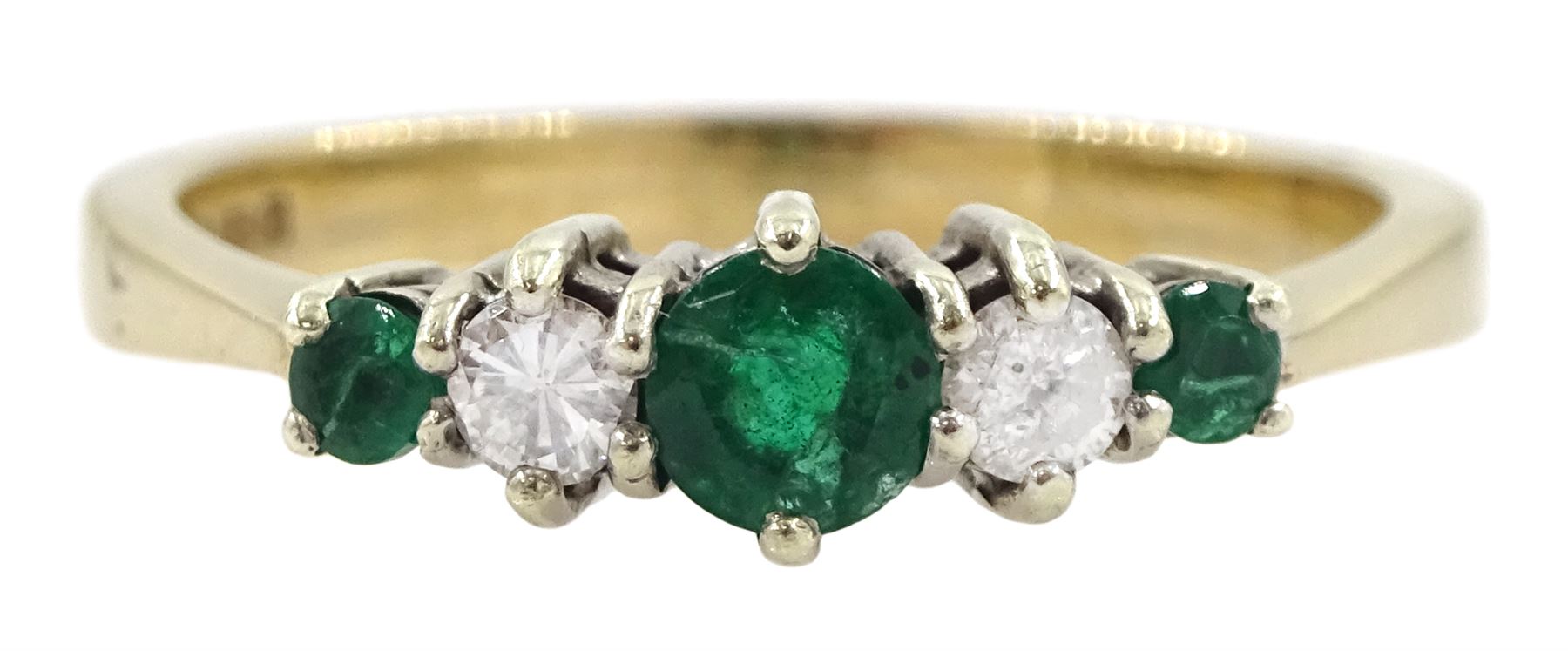 9ct gold five stone round emerald and diamond ring