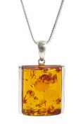 Silver rectangular Baltic amber pendant necklace
