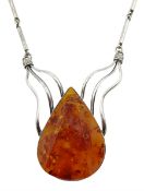 Silver pear shaped Baltic amber necklace