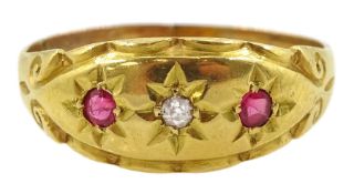 Early 20th century 18ct gold gypsy set three stone pink stone and diamond ring